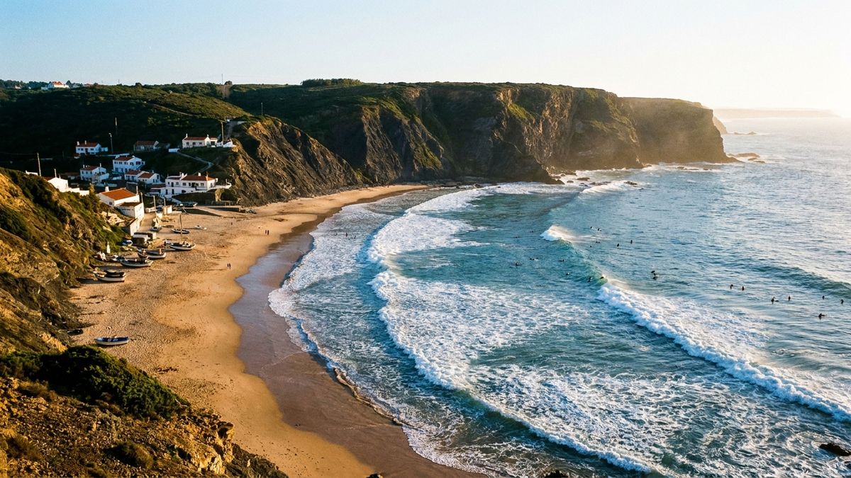 Praia da Arrifana crescent surf bay tucked under high cliffs on the Costa Vicentina
