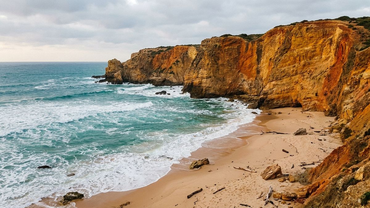 A wild empty Costa Vicentina beach with dramatic cliffs and turquoise water