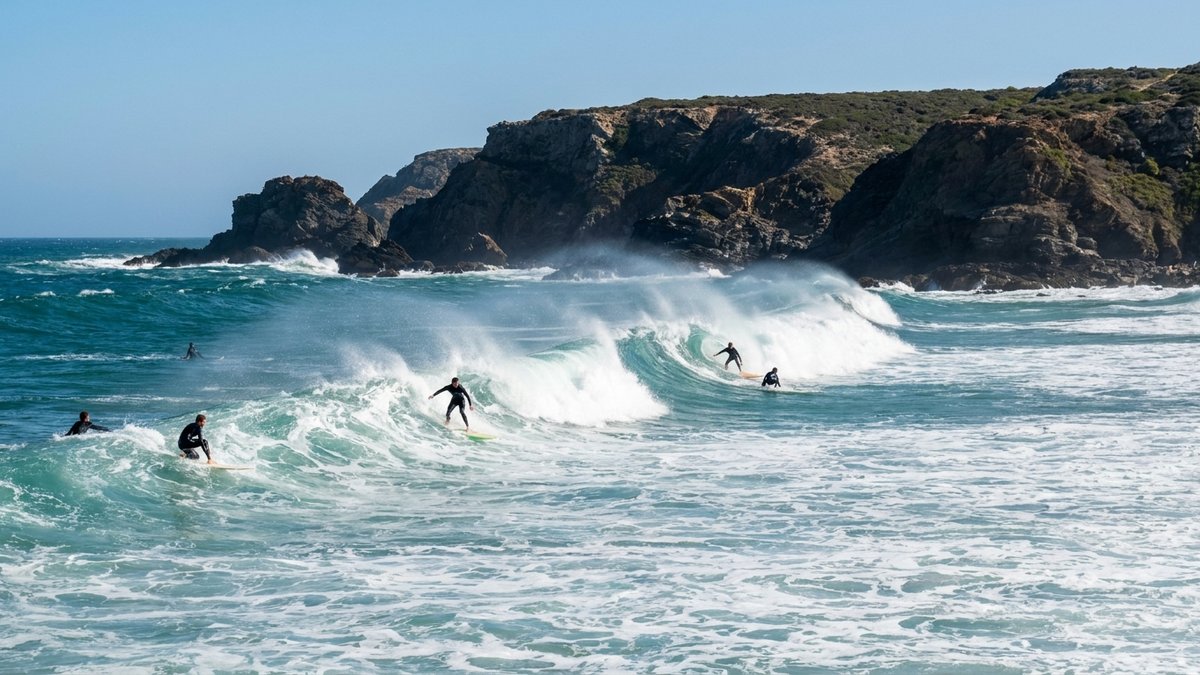 Surfers riding waves on a windy Costa Vicentina summer day shaped by the Nortada