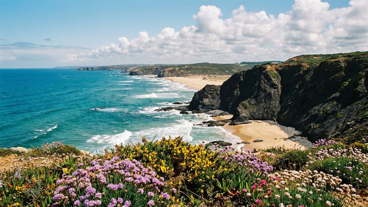 Panorama of wild Costa Vicentina cliffs and golden beaches meeting the Atlantic