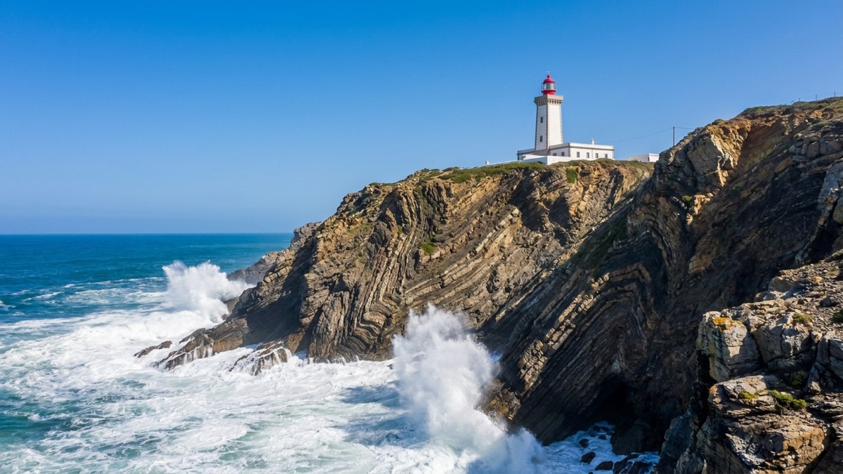 Cabo Sardão lighthouse on dramatic cliffs where storks nest above the Atlantic