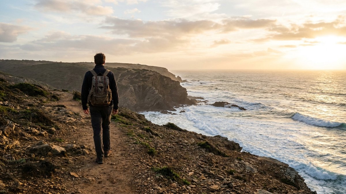 Traveller walking the Trilho dos Pescadores coastal path with a daypack above the Atlantic cliffs