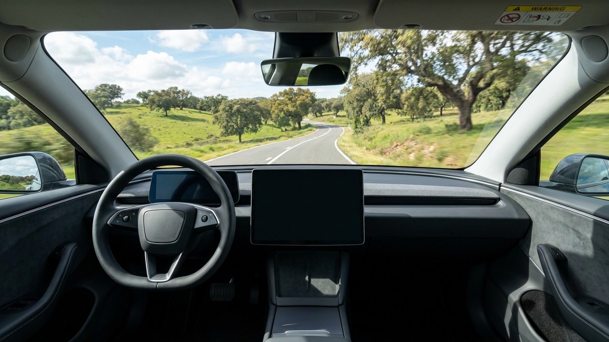 Comfortable interior of an electric Tesla during a private transfer from Faro Airport toward Odeceixe