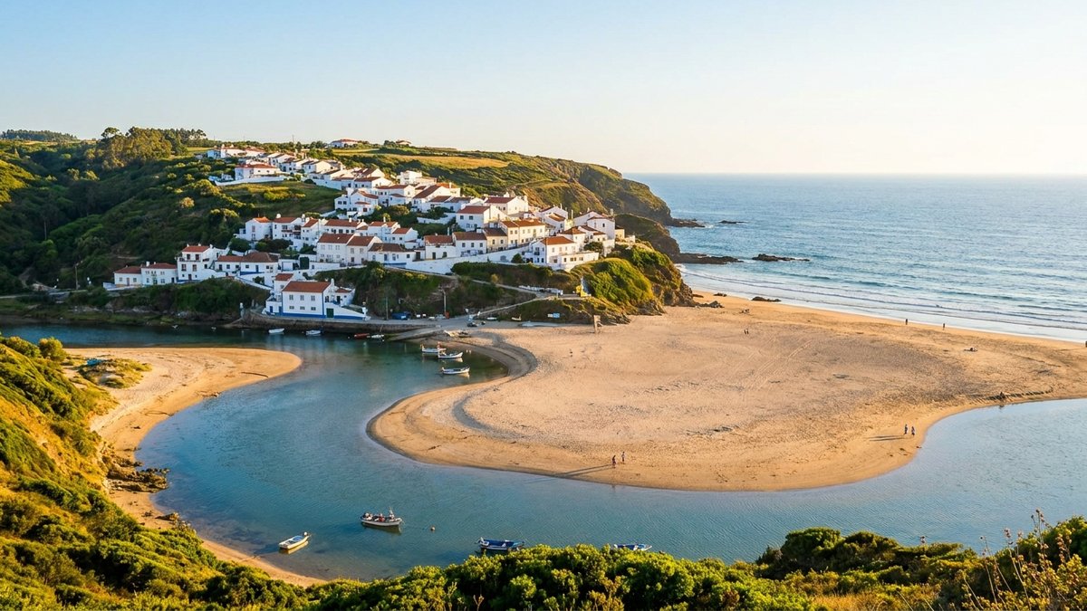 Odeceixe village above its river beach where the Seixe river meets the Atlantic on the Costa Vicentina