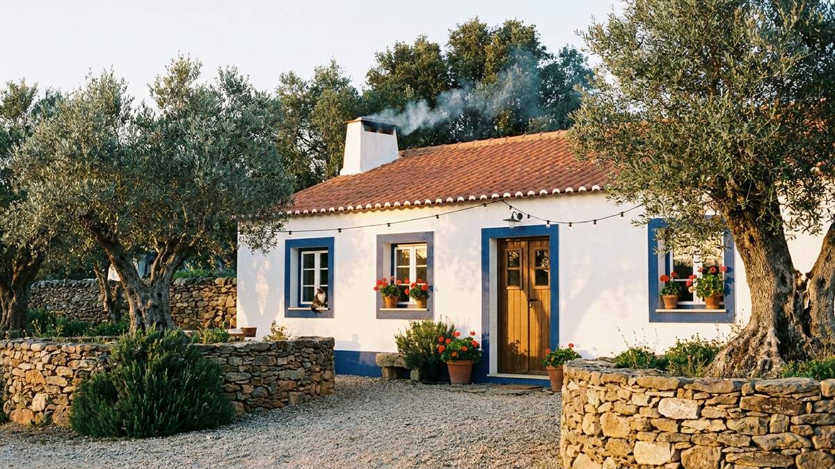 Whitewashed Alentejo guesthouse among olive groves near the Fishermen's Trail, evoking Raizes Vicentinas accommodation