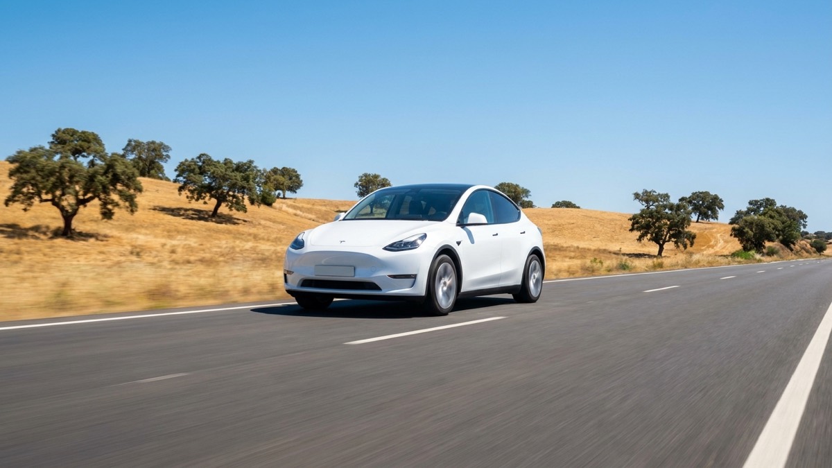 A white Tesla driving south on the A2 motorway through the rolling hills of the Alentejo