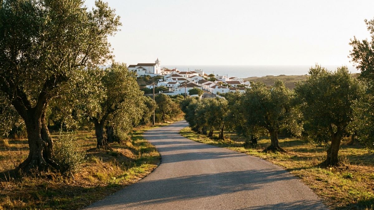 A country road arriving at the Costa Vicentina with a white village near the cliffs in the distance
