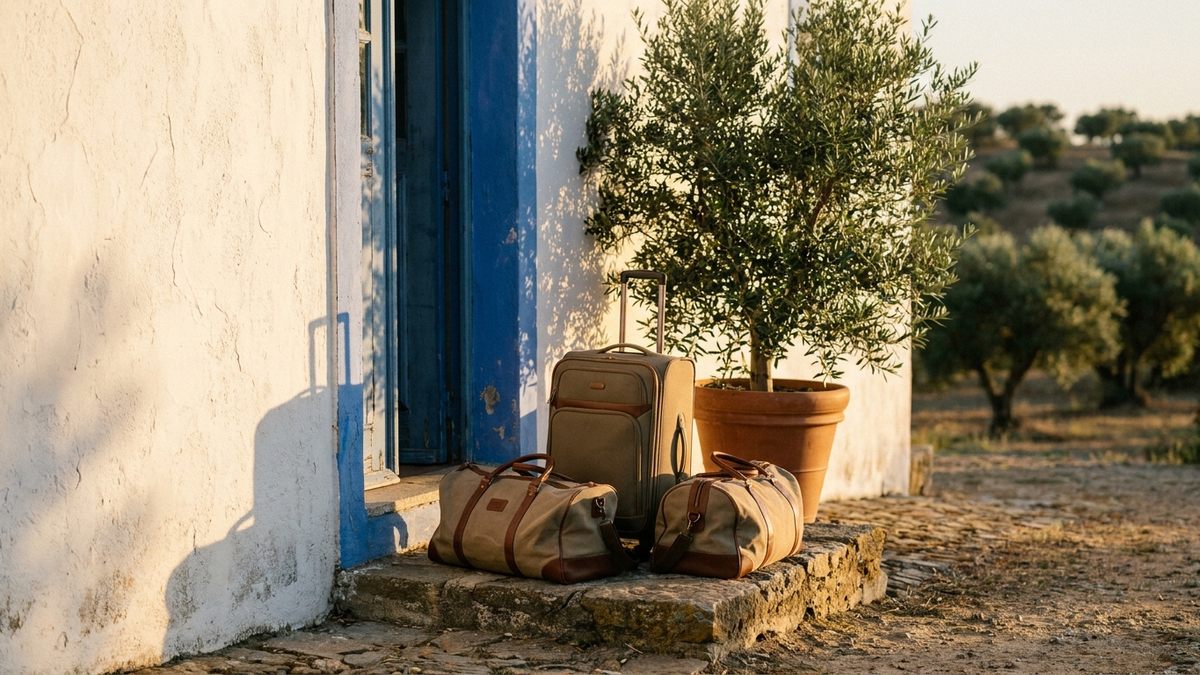 Koffer und Reisetaschen vor dem Eingang eines weiß getünchten Alentejo-Hauses im Abendlicht