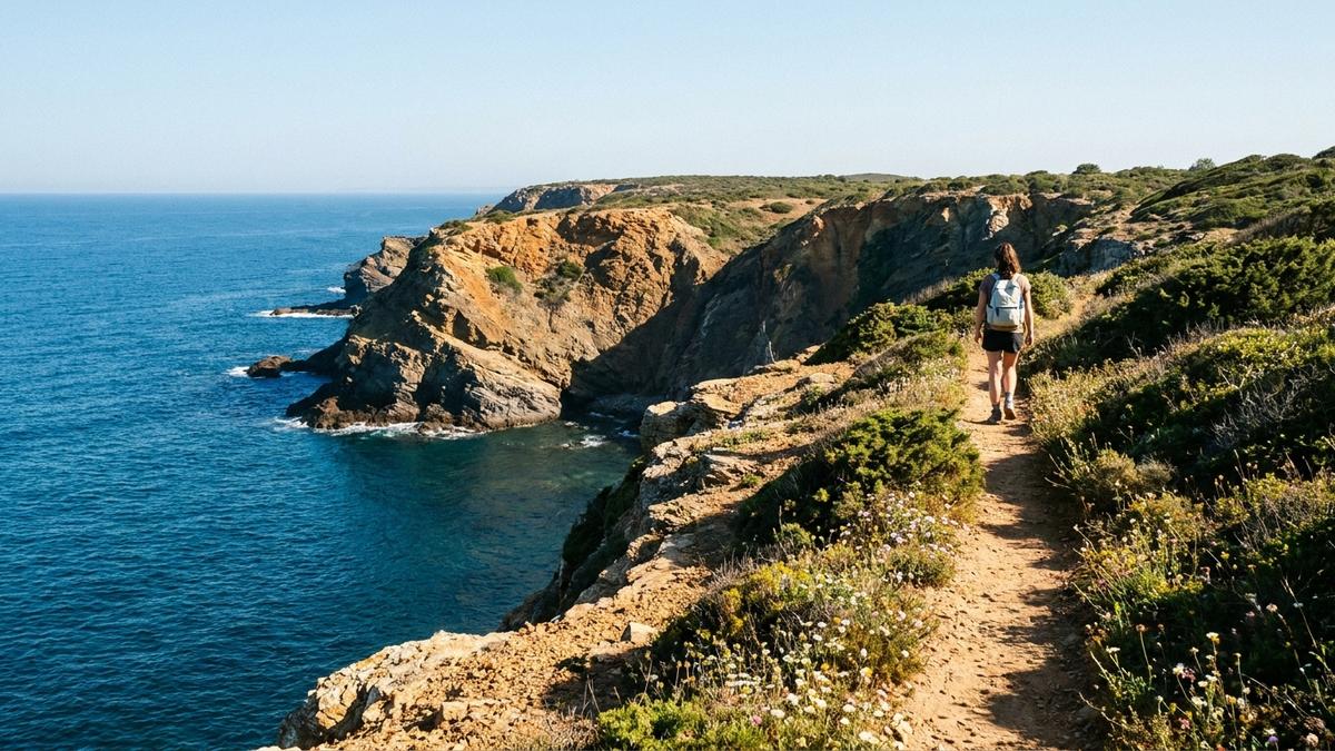 Wanderin mit nur einem leichten Tagesrucksack auf einem Küstenpfad der Rota Vicentina