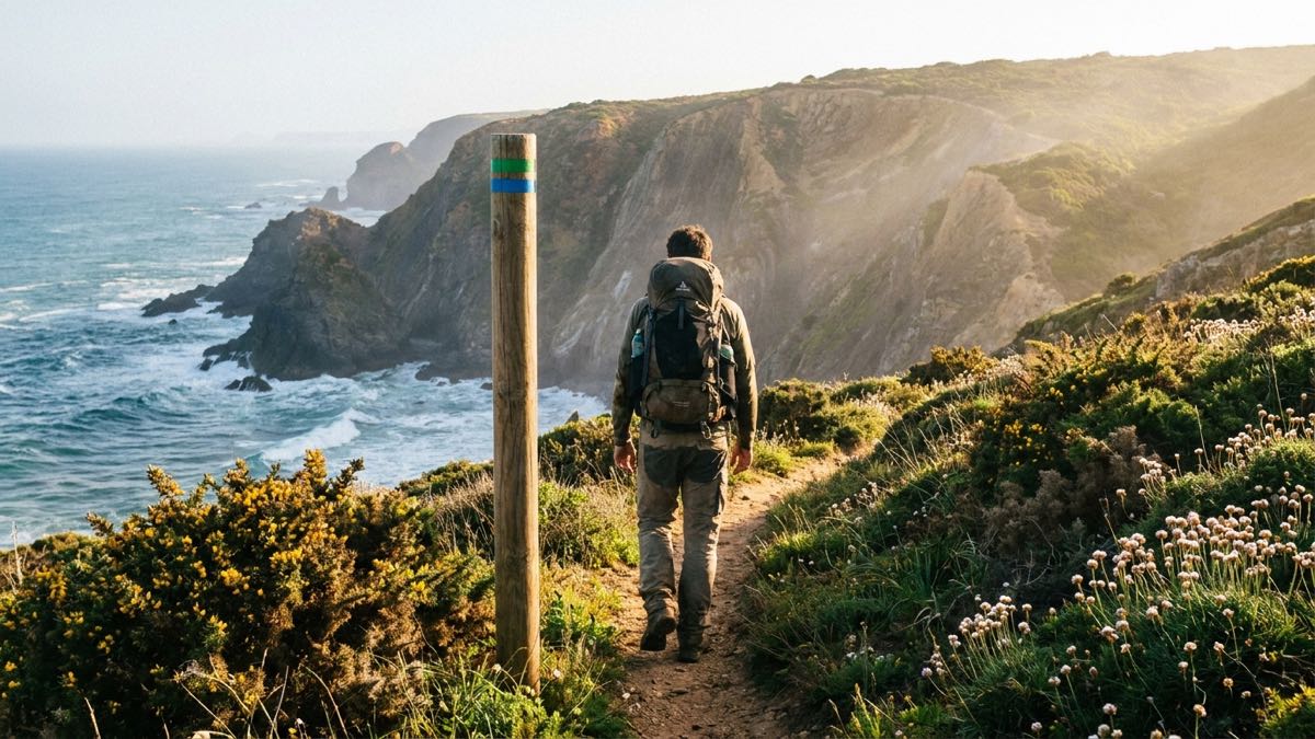 Hiker following the green and blue waymarks of the Trilho dos Pescadores along Costa Vicentina cliffs