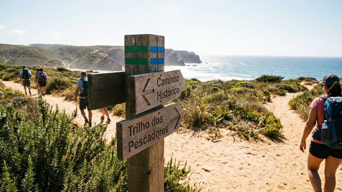 Rota Vicentina waymark post at a sandy trail intersection in the dunes