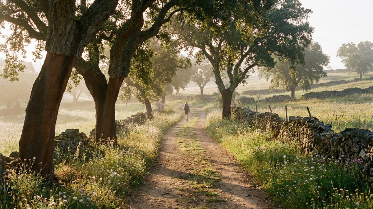 Rural track of the Caminho Histórico winding between cork oaks in the Alentejo countryside