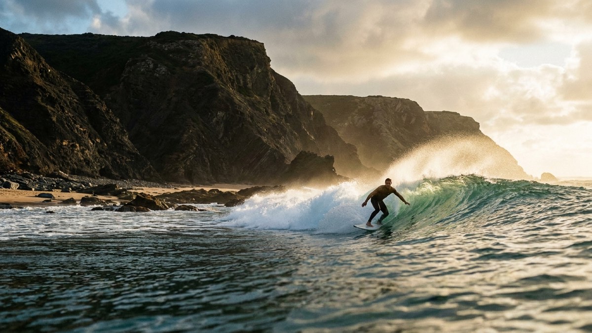 Surfer riding a clean Atlantic wave beneath the dark cliffs of Costa Vicentina
