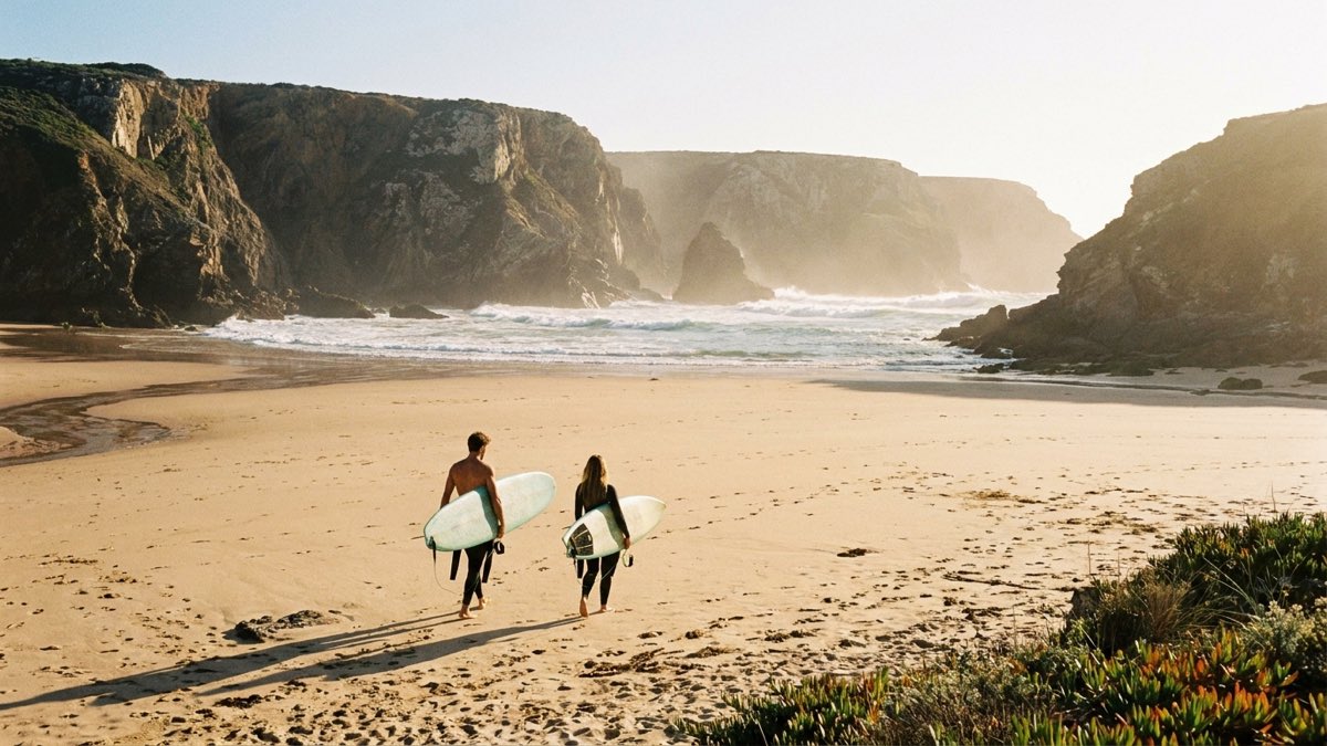 Two surfers walking toward the ocean at sunrise on an empty Costa Vicentina beach