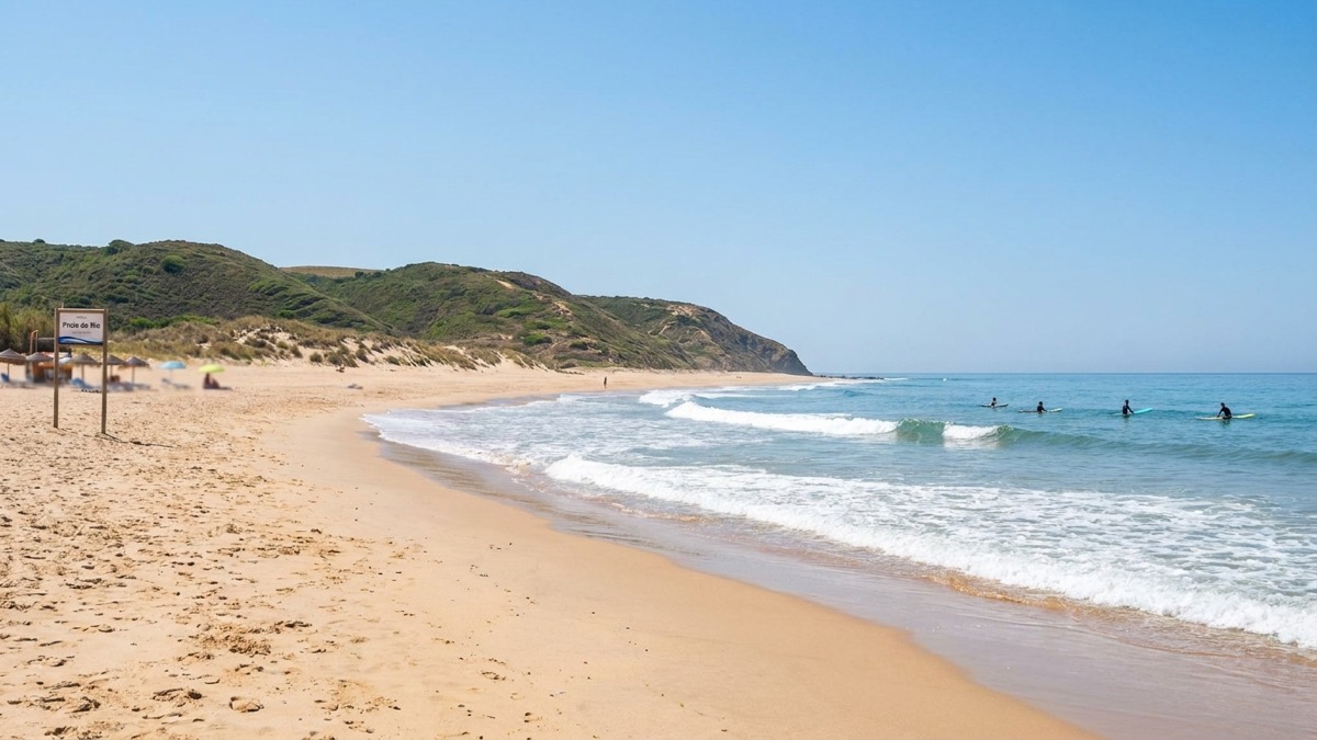 Beginner surfers riding small gentle rivermouth waves at a beach like Praia de Odeceixe