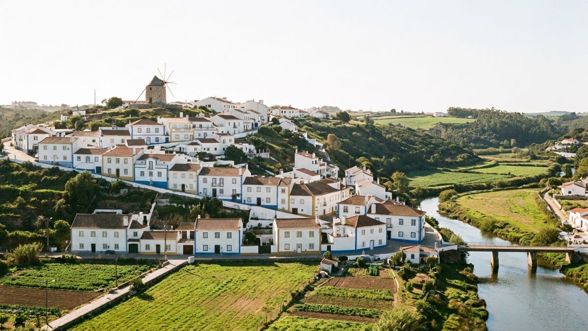 The whitewashed village of Odeceixe climbing its hillside, crowned by the old windmill