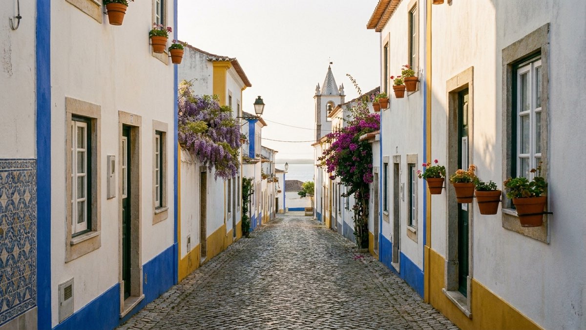 A flower-lined cobbled lane between whitewashed houses in Odeceixe village